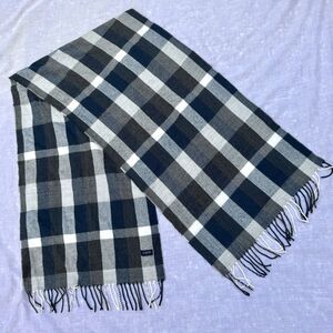 NWOT J Crew Classic XL Plaid Fringed Scarf White Grey Navy Blue 71"x 18"